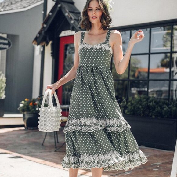 Tularosa Landry Midi Green Polka Dot Dress - Picture 2 of 4